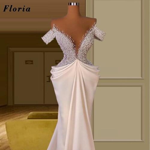 Dubai illusion Neck Evening Dresses With Pearls 2021 Vestidos De Fiesta Arabic Celebrity Party Dress Long Women Red Carpet Gowns
