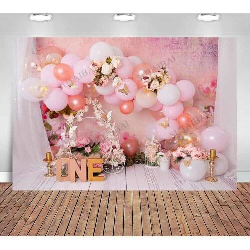 Spring Photography Backdrop Baby Girl One Year Cake Smash Portrait Background Pink Balloons Floral Flower Decor Studio Wallpaper