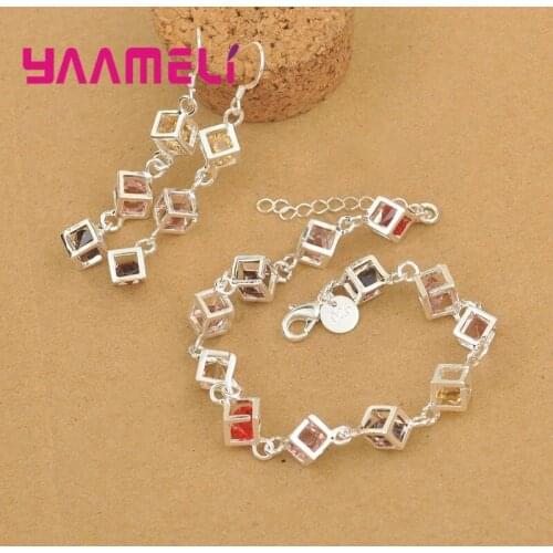 Hot Sale Rainbow Multicolor CZ Crystal Cube Earrings Pendientes Bracelet Jewelry Set Shiny 925 Sterling Silver Woman Girl Bijoux