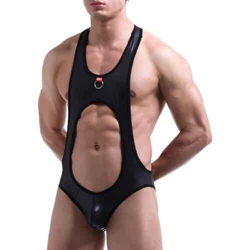 PU Leather Men Undershirts Jockstrap Latex Bodysuit Lingerie Exotic Open Butt Jumpsuit Wrestling Singlet One-piece Gay Underwear