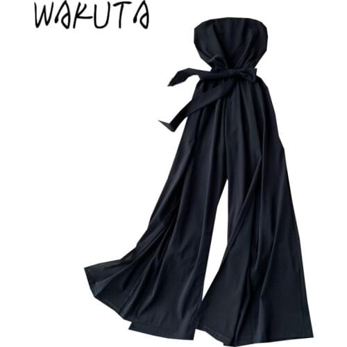 WAKUTA Women Elegant High Waist Strapless Jumpsuits Sexy Woman Fashion Belted Split Chic Wide Leg Romper Casual Ladies Outfits