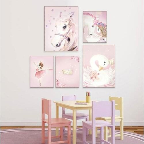 Cartoon Girl Unicorn Swan Horse Flower Crown Wall Art Canvas Painting Nordic Posters And Prints Wall Pictures Kids Room Decor