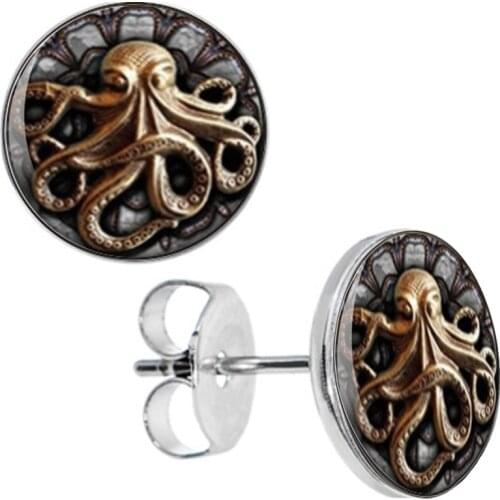 Wholesale Stud Earrings Steam Punk Octopus Stainless Steel Ear Studs Men Women Earring 8mm 10mm AW5199