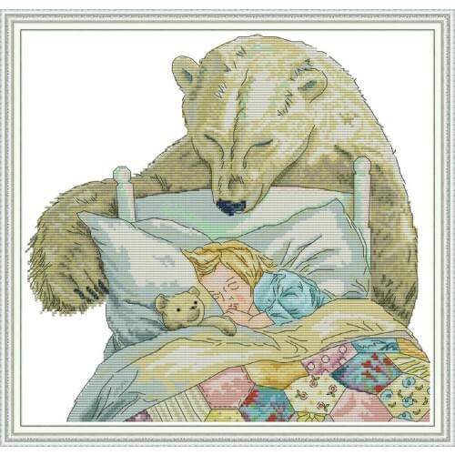Joy Sunday Bear And Little Girl Cross Stitch Embroidery Set Printed And Counted DMC Child DIY Needlework Set For Home Decor Gift