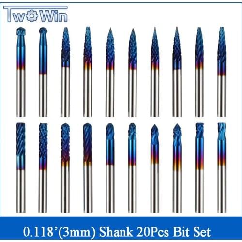 New Arrivals 0.118”(3mm) Shank 20-PCS Tungsten Carbide Steel Alloy Burrs Bit Set RR20A For CNC Machine