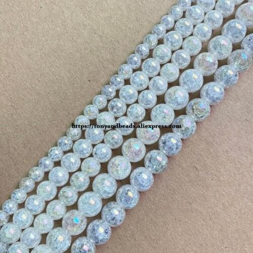 Natural Stone Shining AB White Snow Cracked Crystal Round Loose Beads 15" 4 6 8 10 12MM Pick Size For Jewelry Making DIY