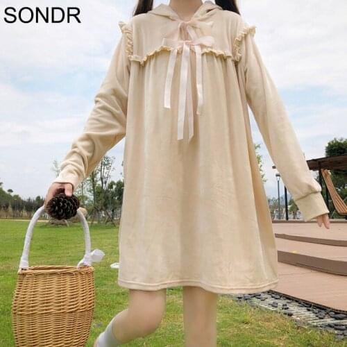 Autumn Winter Women Dress Preppy Style Bow Long Sleeve Ruffle Mink Fleece Hooded Sweater Dress Sweet Girly Loose Midi Dresses