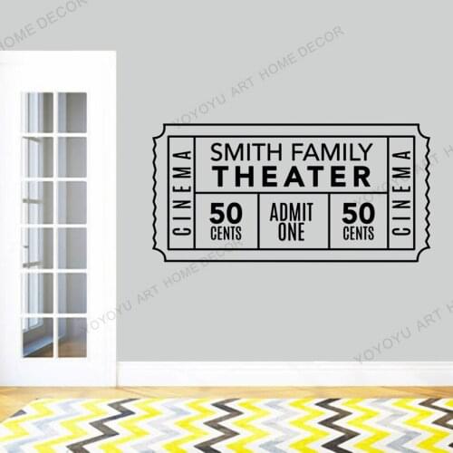 Personalized Family Movie Theater Ticket Decal Custom Vinyl Art Stickers for Interiors Home Living Room Home Theater rb-156