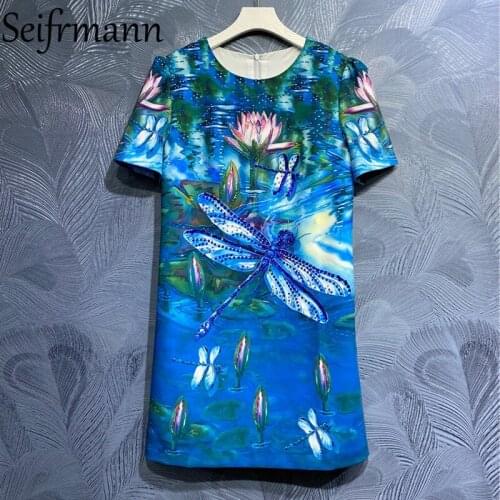 Seifrmann New 2021 Summer Women Fashion Designer Mini Dress Short Sleeve Gorgeous Crystal Beading Print Elegant Dresses Vestidos