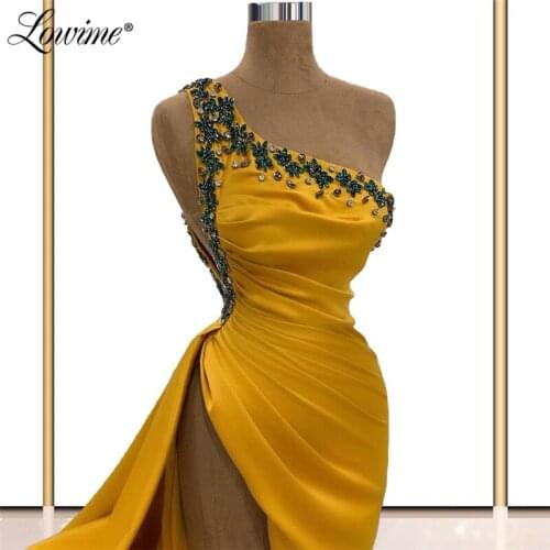 Lowime Sexy One Shoulder Gold Evening Dresses Abendkleider 2021 Dubai Arabic Open Back Satin Party Gowns Vestidos Formales Robes