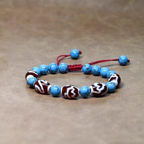 Blue turquoise Beads Red&whiteTibet Louts Fengshui DZI woven Braid adjustable bracelet women jewelry Free Shipping