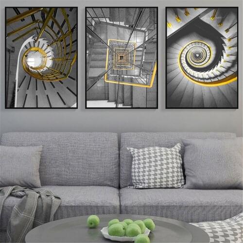 Stairs Modern Painting Poster Canvas Black and White Yellow Spiral Staircase Frameless Art Painting Wall Home Decor