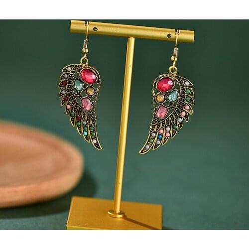 Vintage Bohemian Boho Ethnic Gold Color Wings Indian Earrings Hanging Crystal Beads Dangle Earrings Women Jewelry Accessories