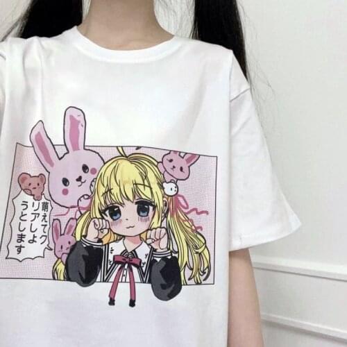 Japanese JK School Sweet Girls Cute Cartoon Streetwear Harajuku Pink Kawaii Casual Tops Vintage Y2K Loose Summer Women T-Shirt