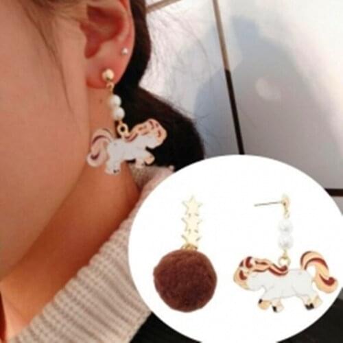 New Design Asymmetric Earrings For Women Trendy Bijoux Plush Ball Earrings Japan Cute Unicorn Pendientes Christmas Gifts