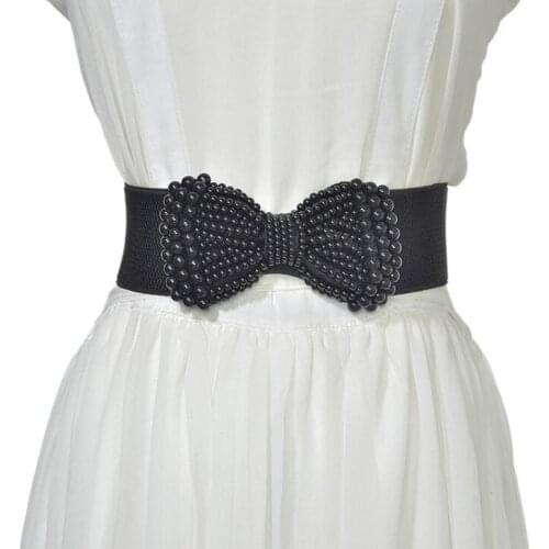 Womens runway fashion beaded elastic bow Cummerbunds female Dress Corsets Waistband Belts decoration wide belt R2528