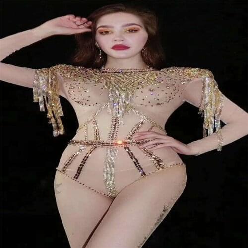 V12 Female sexy gold rhinestones bodysuit mesh tassel short jumpsuit pole dance wear perspective crystal outfit party wears club
