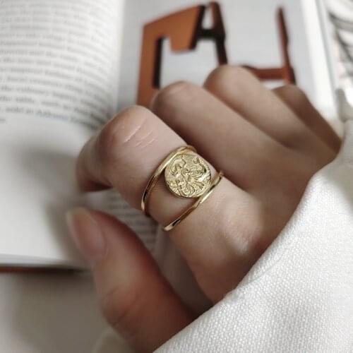 925 Sterling Silver Women Jewelry Golden Simple Wild Mermaid Pattern Round Coin Medal Double Line Embossed Charm Open Ring