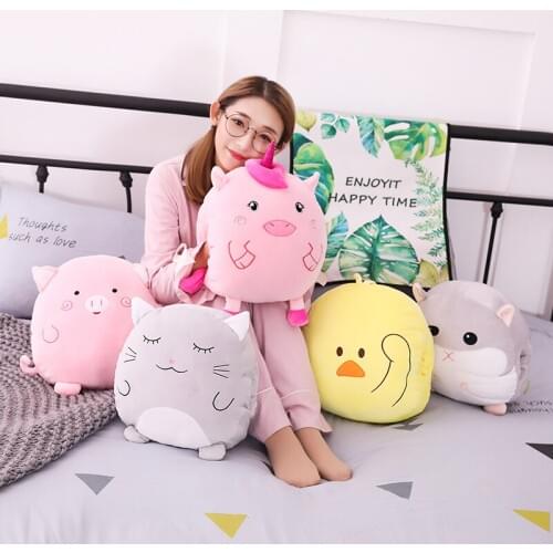 1pc Cartoon Cute Animals Unicorn Duck Hamster Pig Cat Plush Pillow Soft Stuffed Hand Warmer with Blanket Xmas Gift for Girls