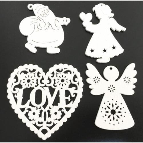 10pcs/set Nature Wooden Chip Christmas Tree Pendant Diy New Year Elk Angel Snowflake Stars Xmas Party Ornaments