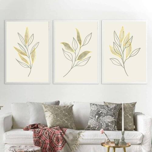 Abstract Golden Plant Line Art Drawing Print Poster Boho Botanical Wall Art Picture Canvas Painting Living Room Decoration