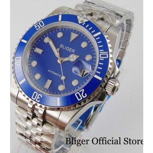 BLIGER Business Automatic Watch MIYOTA 8215 Movement Men Wristwatch Blue Dial Sapphire Glass Steel Bracelet