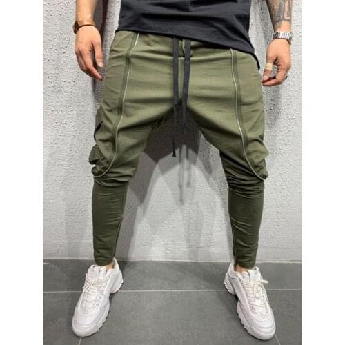 Muscle Autumn and Winter New Multi-pocket Pants Hip-hop Slim Solid Color Feet Street Sports Casual Trousers Male