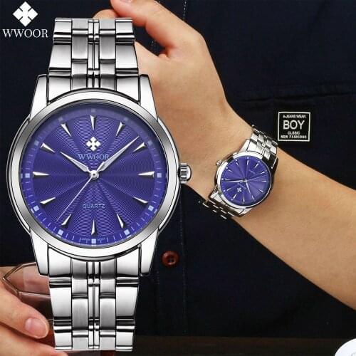 WWOOR Mens Quartz Watches Fashion Waterproof Top Brand Luxury Stainless Steel Casual Business Blue Wrist Watch Relogio Masculino