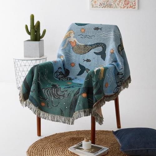 Mermaid Fish Ocean Tassel Sofa Cover Couch Chair Throw Blanket Carpet Tapestry