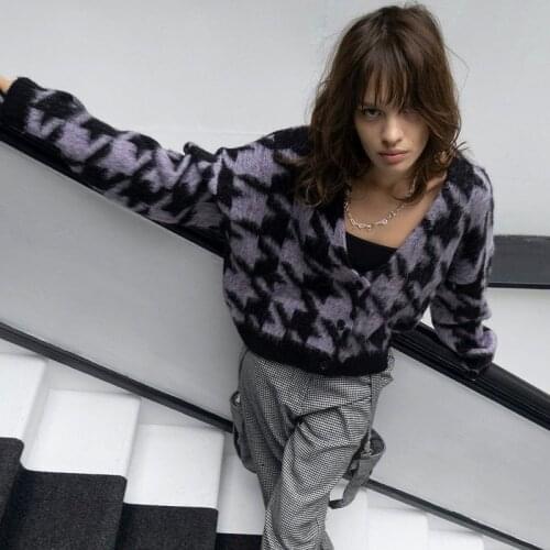 Black & Lilac Houndstooth Cardigan Fuzzy V-Neck Button-Up Cardi Sweater Women Harajuku Y2K Grunge Streetwear INCEPTION KNIT