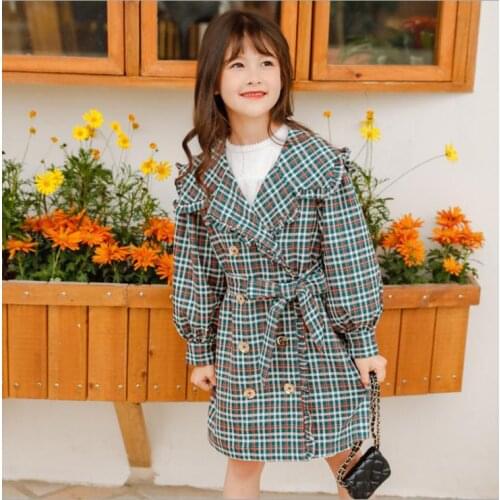 Girl Overcoat 2020 Spring New Fashion Plaid Coat For Girls Ancient Ruffles Teens Jacket Long Outerwear Children Windproof