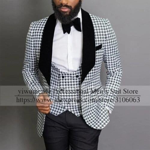 Handsome Houndstooth Black Notched Lape Jacket Slim Fit Men Suits For Wedding Western Fashion Trendy Grooms Tuxedos Blazer 2021