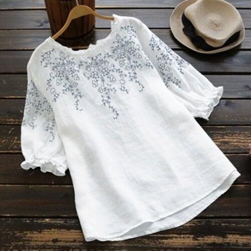 Fashion O Neck Cotton Tunic Womens Summer Blouse ZANZEA 2021 Causal Half Sleeve Tee Shirts Female Embroidery Tops Plus Size 5XL