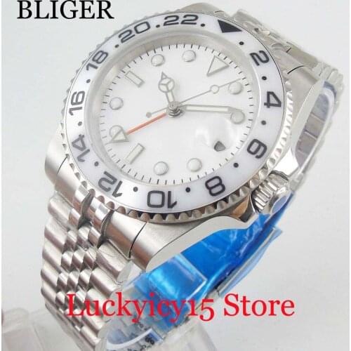 BLIGER New Fashional Sapphire Glass GMT Function 40mm Self Winding Men Wristwatch Jubilee Band White Dial