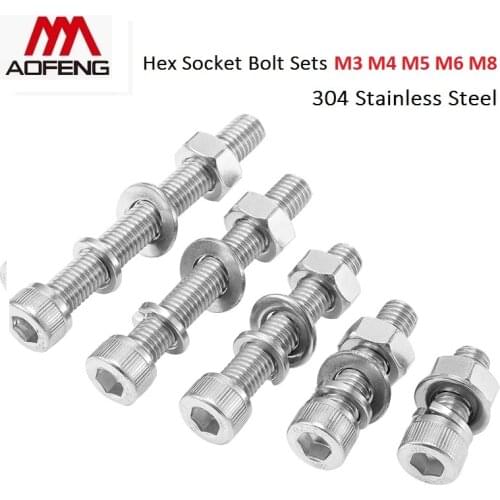 304 Stainless Steel Hex Socket Bolts Sets M3 M4 M5 M6 M8 Screws with Nut and Washers