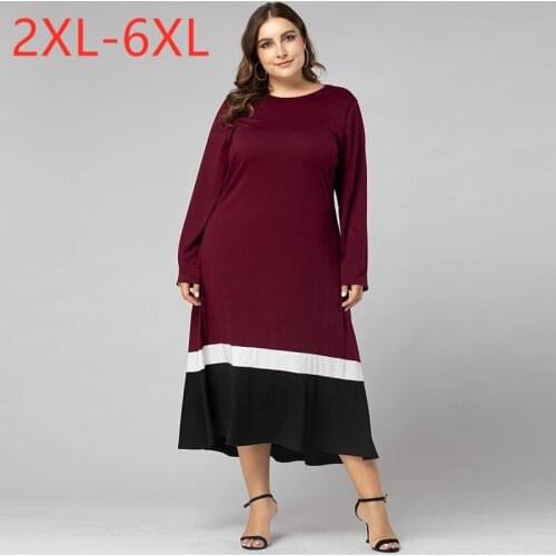 Spring autumn winter plus size dress for women loose casual large long sleeves straight O neck dresses red 3XL 4XL 5XL 6XL 7XL
