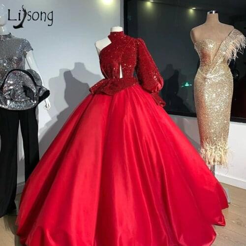 Vintage Red Sequined Evening Dresses One Shoulder Puff Long Sleeves Prom Gowns Abiye Satin Ball Gowns Real Image Party Dress