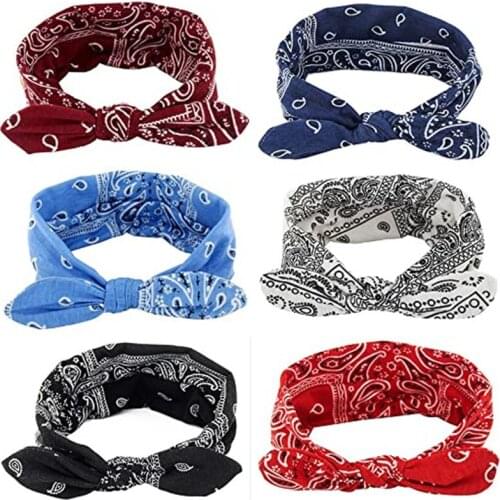 Bow Headbands for Women Vintage Paisley Bandana Flower Printed Hairband Elastic Rabbit Ear Head Wrap Cute Hair Accessoriess