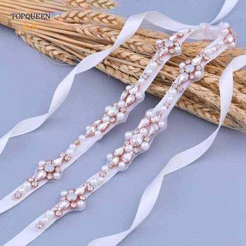 TOPQUEEN S488-RG Rhinestone Jewel Belt for Wedding Dress Champagne Wedding Belt Women Sash Belts Thin Rose Gold Womens Belt