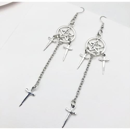 Pentagram Swords Earrings Silver Plated Huggie Hoops Dangle Witchy Jewelry Pagan Wiccan Tarot Gothic Emo Women Gift