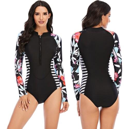 SAILBEE 2021 One-piece Surfing Swim Suits Print Floral One Piece Swimsuit Long Sleeve Swimwear Women Bathing Suit Retro Swimsuit