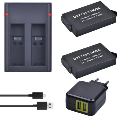 Tectra 2Pcs 2620mAh GoPro ASBBA-001 Battery + 2-Channel USB Dual Charger+EU/US Adapter for Gopro Fusion 360-Degree Action Camer