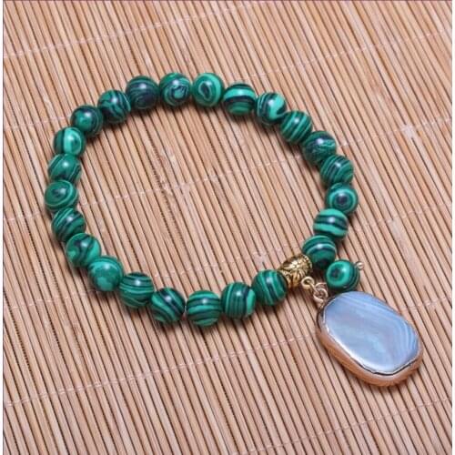 FYJS Unique Light Yellow Gold Color Irregular Shape Agates Connect Malachite Stone Beads Elastic Bracelet Charm Jewelry