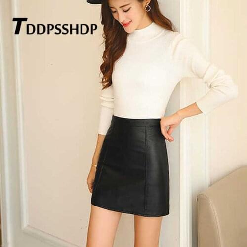 2019 Black Pu Leather Women Skirt High Waist A Line Female Skirts