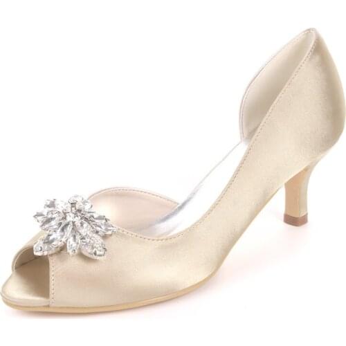 Kitten Heels Crystals Wedding Shoes Women Peep Toe Slip on Heeled Satin Prom Evening Bridal Party Dress Pumps Women