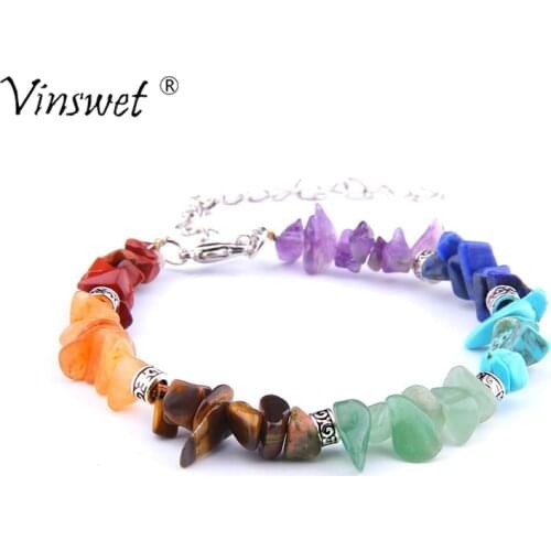 Women Bracelets 7 Chakra Reiki Chain Link Lobster Clasp Healing Balance Natural Chip Stone Beads Meditation Jewelry
