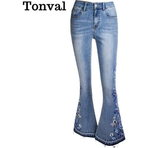 Tonval Floral Embroidered Vintage Fashion Flare Jeans for Women 2021 Mid Waist Zipper Fly Skinny Slim Fitted Denim Pants
