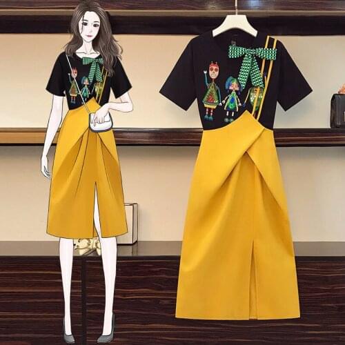 Slim Suit Womens 2021 New Summer T-shirt Suspender Dress Large Size Meat Cover Age Reduction Two Piece Skirts Sets Tops Clothes