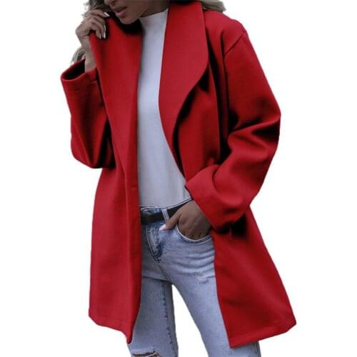 Women Fall Winter Loose Wool Coat Solid Color Long Sleeve Turn-Down Collar Button Ladies Casual Business Overcoat