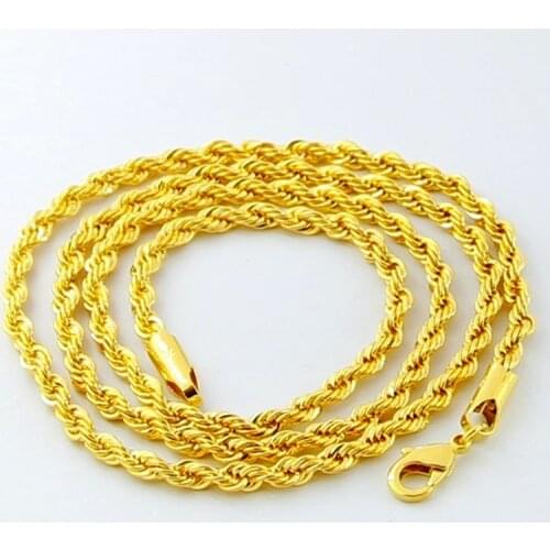 Hip Hop 24K Gold Necklace 3MM Twisted Rope Twist Electroplating Gold Necklace for Men & Women Wedding Jewelry Gifts